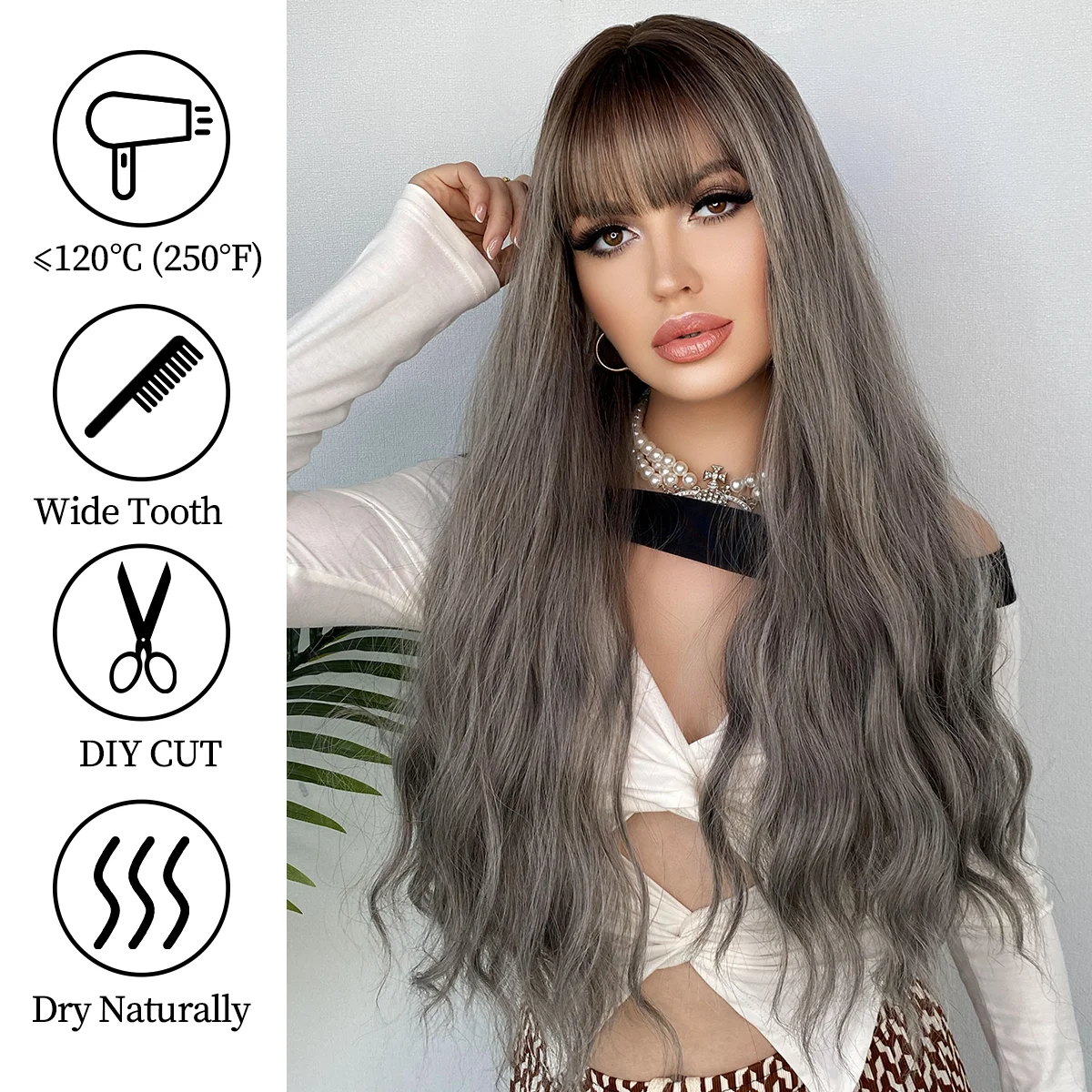 Cosplay Wigs Silver Gray Pink Wig for Women Natural Long Wavy Hair With Bangs For Women Girl Heat Resistant Fiber Halloween
