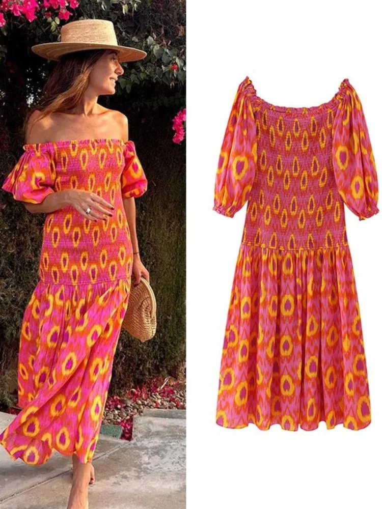 

RDMQ 2023 Summer Print Lantern Sleeve Dress Women Elegant Off Shoulder Long Dresses Female Fashion Holiday Fold Lady Vestidos