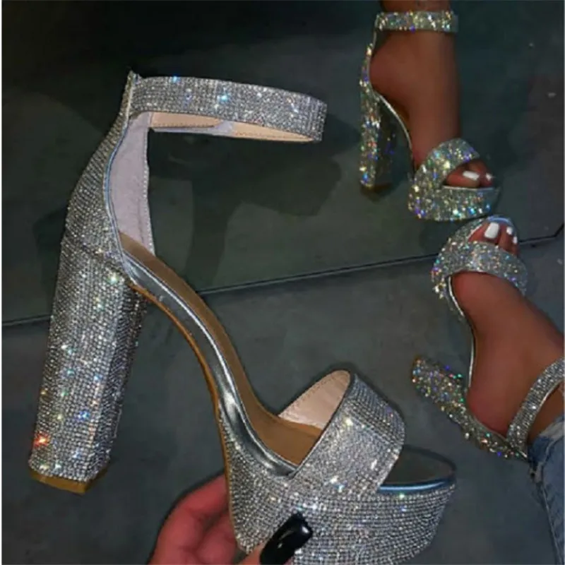 

Summer New Round Toe Super High Heel Platform Rhinestones Sandals Woman Ankle Strap Chunky Heel Open Toe Party Shoes Women 2022