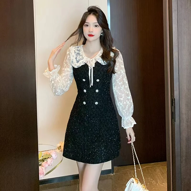 

Spring New Ribbon Bow Sexy See Though Lace Shirt Patchwork Fake Two piece Dresses Women Double Breasted Tweed Bright Silk Dress