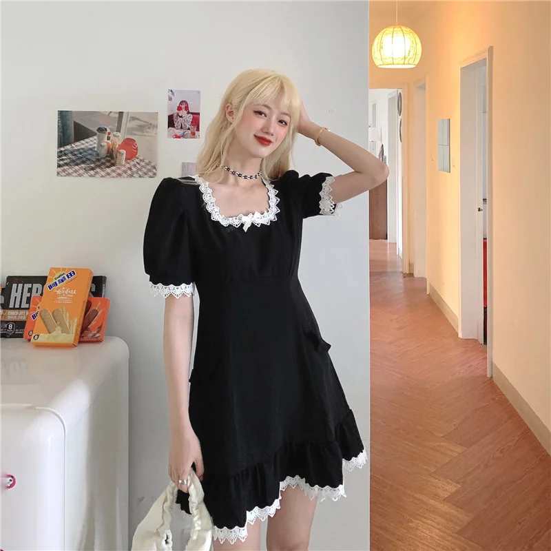 

Punk Puff Sleeve Lace Square Collar Fashion Summer Girls Elegant Dresses Korean Black Women Sweet Casual Ruffles Dress Vestidos