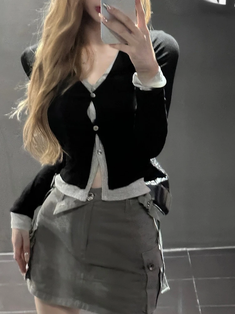 

Женский трикотажный свитер с V-образным вырезом, облегающий элегантный пуловер в Корейском стиле с длинными рукавами, модель Y2k на весну 2023