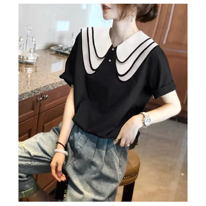 

Black stitching doll brought half sleeve chiffon unlined upper garment of the new summer 2022 loose female leisure fashion