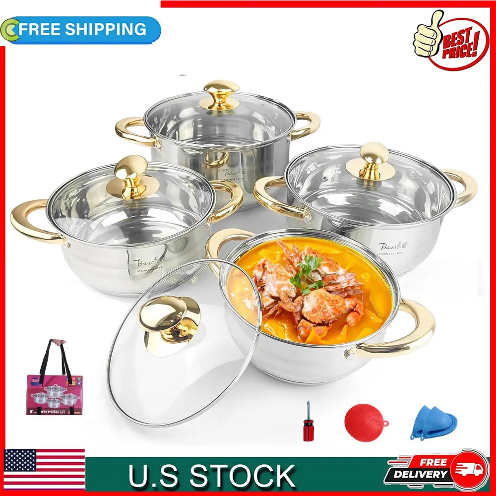

8 Piece Stainless Steel Pots and Pans Set with lids Cookware Set PFOA Free Non Toxic,Induction Safe Cooking Pot with Lid,Silver