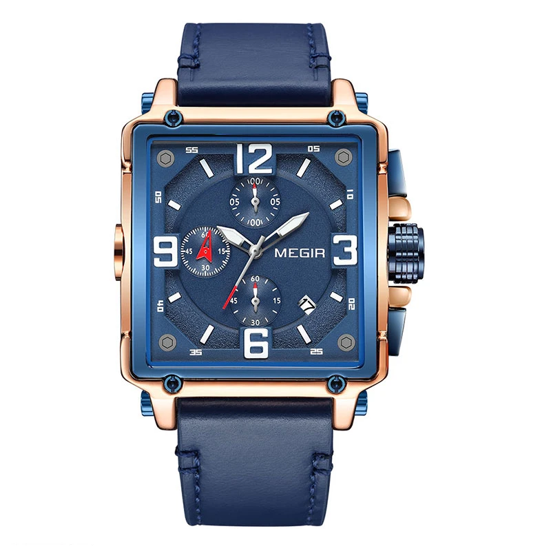 

Megir Men's Watches Blue Leather Strap Quartz Watch for Man Square Dial Chronograph Wristwatch Montres Hommes Orologi часы Reloj