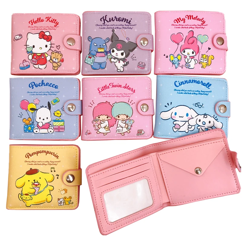 

Kawaii Sanrioed Kuromi Hellokittys Cinnamoroll Mymelody полако пурин собака мультфильм аниме ПУ Повседневный короткий кошелек сумка для карт подарки