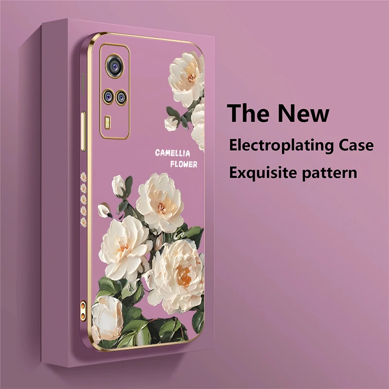 Soft Case For Vivo Y66 Y67 Y70 Y55 Y55S Y36 Y51A 4G 5G Y33T Y33S Y30 Y30i Flower Pattern Plating Shockproof Silicone Cover