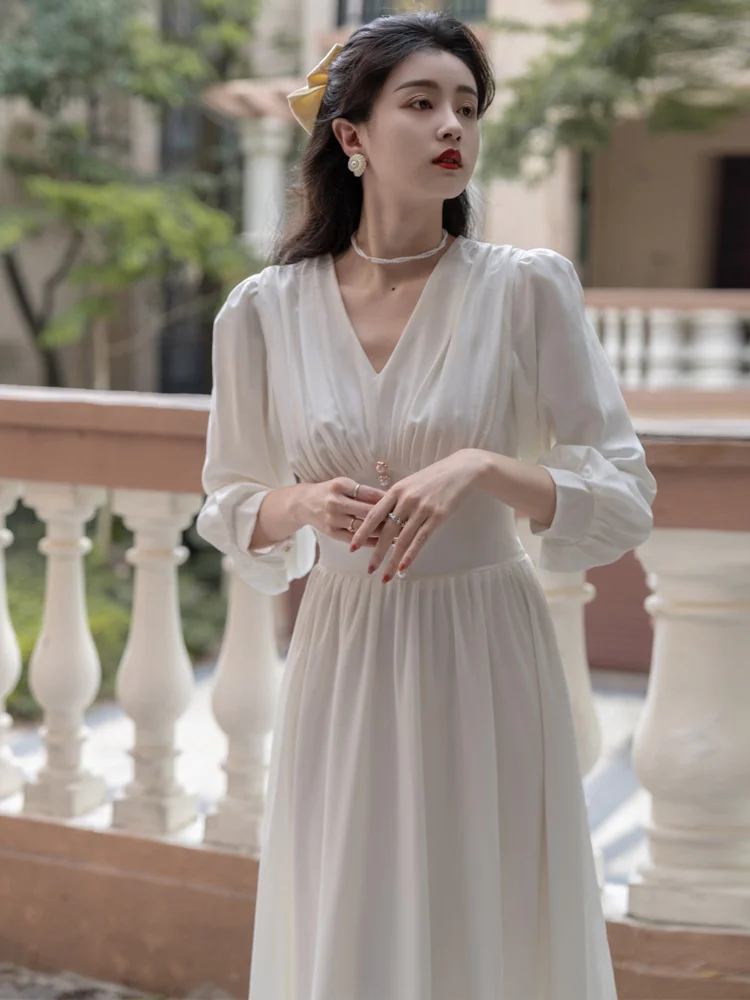 

French White Photography Wedding Dress Spring Daily Engagement Bridesmaid Dress Simple Long Sleeve Dress