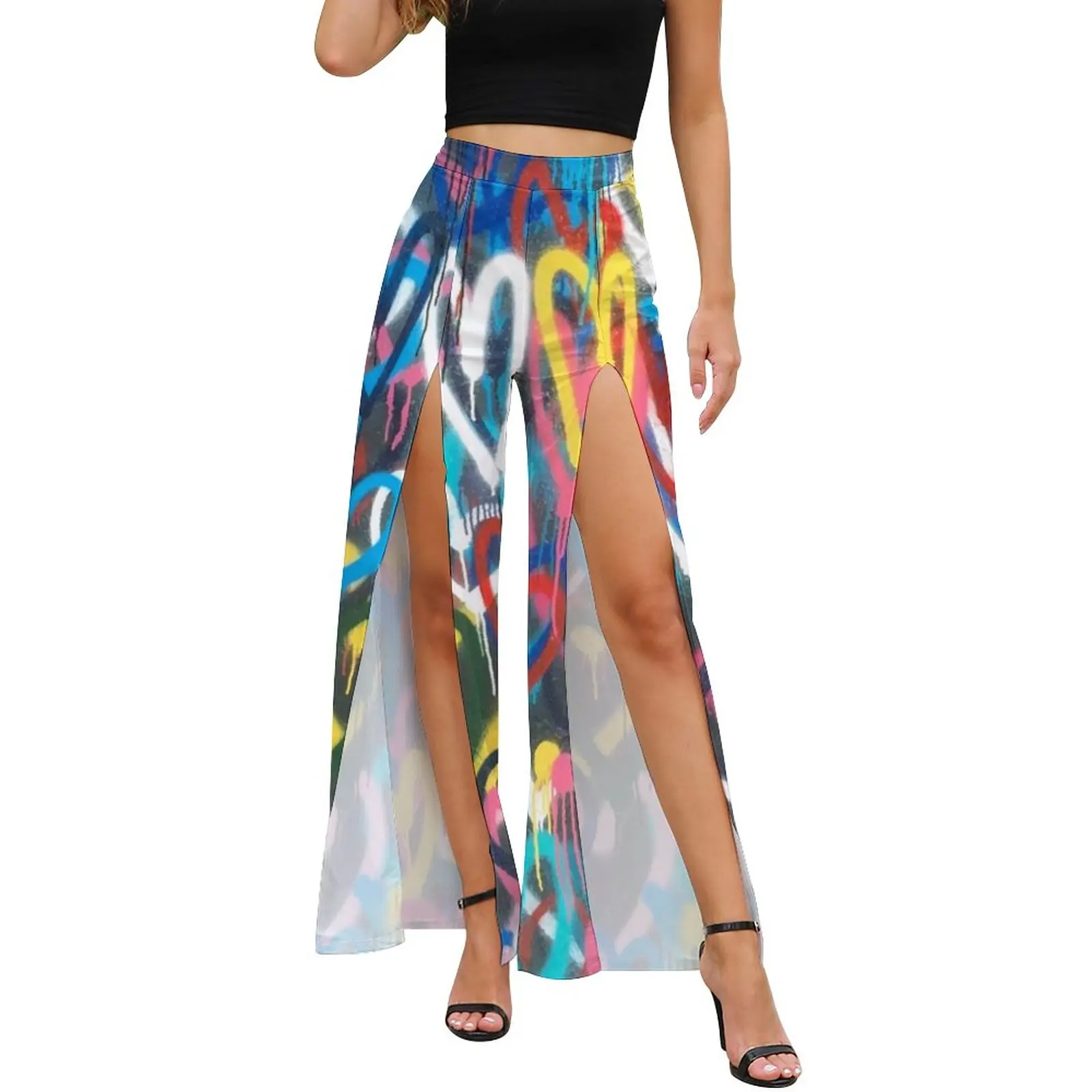 

Graffiti Heart Pants Summer High Waisted Colorful Print Graphic Classic Wide Leg Pants Front Slit Street Wear Printed Trousers