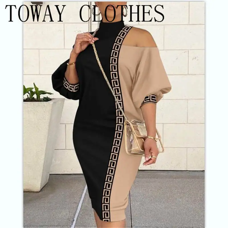

Geometric Print Colorblock Lantern Sleeve Midi Dress Women Spring Summer High Waist Knee Length V Neck Fashion Casual Dress