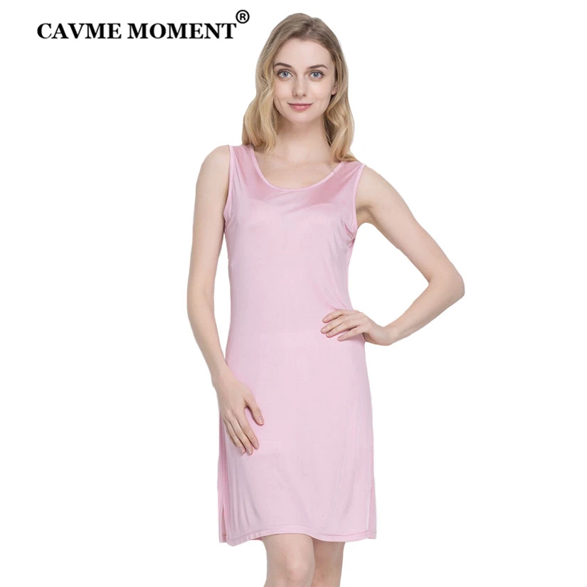 CAVME Silk Nightgown Women One Piece Underdress Solid Color O-neck Basic Underskirt Inner Petticoat Black White Beige Pink Color