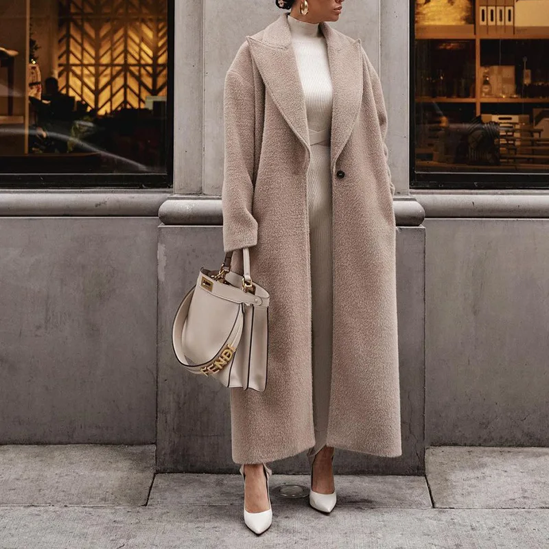 

Женское шерстяное пальто, теплое плюшевое пальто с длинным рукавом и лацканами, Осень-зима 2023