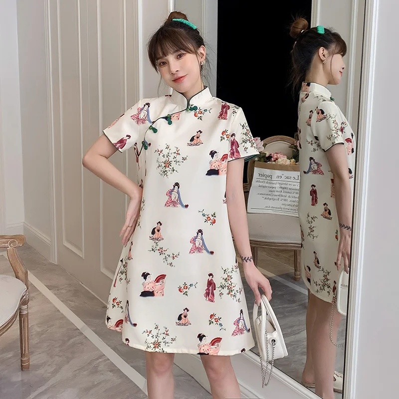 

Summer Short Sleeve Simple Modern Fashion Cheongsam Women National Style Vintage Chinese Dress 2022 Printed Girl Qipao New
