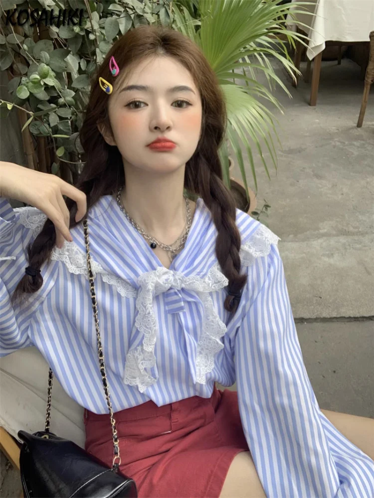 

Sweet Patchwork Bandage Blouse Women Japanese Loose Lace Striped Sailor Collar Shirt Y2k Aesthetic Casual Flare Sleeve Blusas