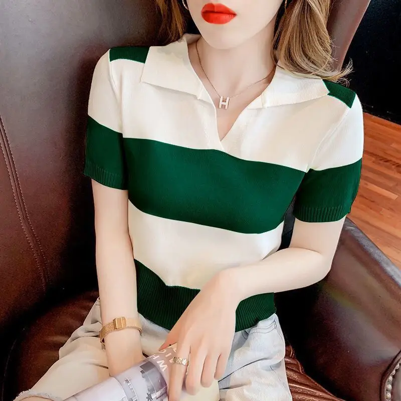 

Female Polo Neck Tee Shirts Luxury Short Sleeve Fitted T Shirt High Quality Pullover Good Xxl Top Original Knitted Y2k Striped