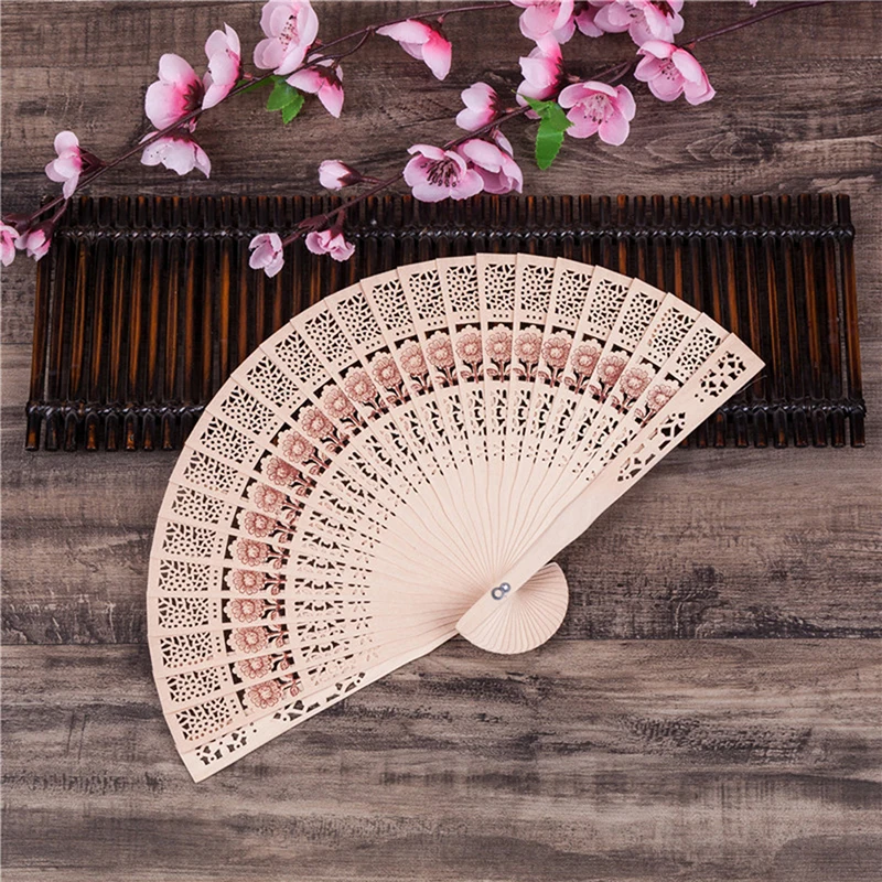 

Fashion Wedding Hand Fragrant Party Carved Bamboo Folding Fan Chinese Wooden Fan Vintage Hollow Antiquity Folding Fan Home Decor