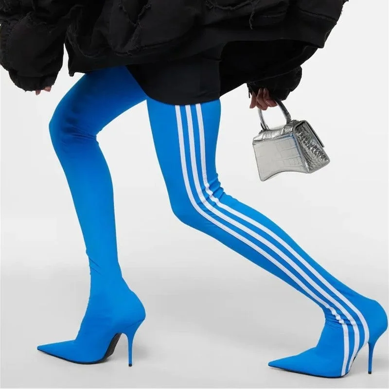 

Women's Elastic Cloth High Boots Autumn New Style Pointy Sexy High Heel Knee Boots Blue Color Contrast Thin Leg Socks Boots
