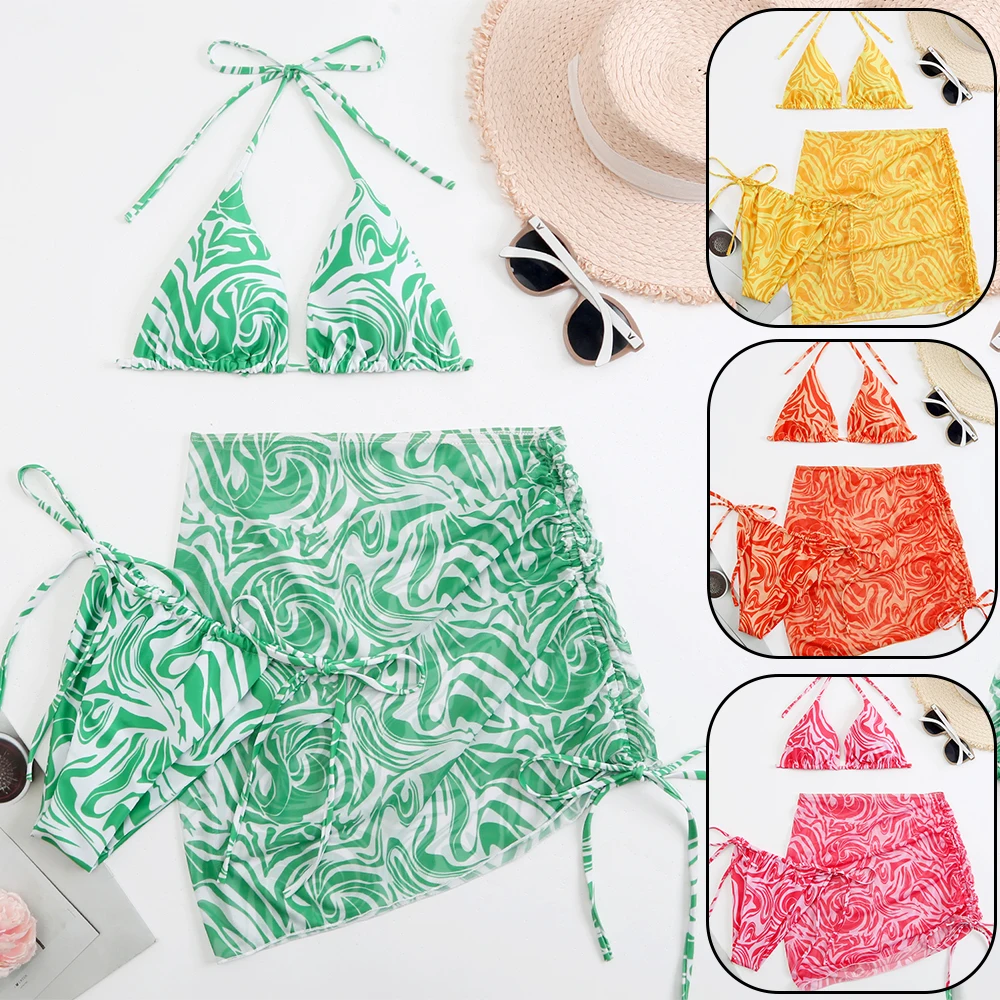 

2022 New Stylish 3 Piece Bathing Suits Woman Tie Dye Swimsuit Female Gradient Swimwear Feminine Thong Bikinis Set String Strap