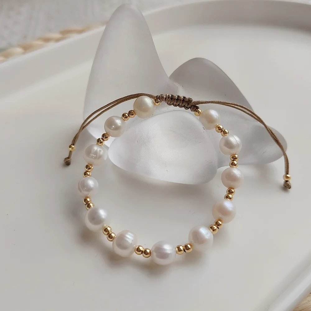 Natural Freshwater Pearl Bracelets Gold Color Copper Beaded Bracelet for Women Gift Adjustable Rope Pulseras Jewelry Supplier