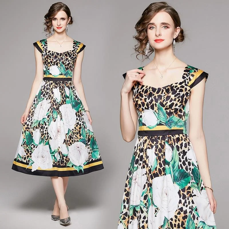 

Шифоновые качественные женские летние платья, Модные леопардовые Квадратные Цветные сексуальные платья с открытой спиной и рюшами, с крупными волнами и цветочным принтом