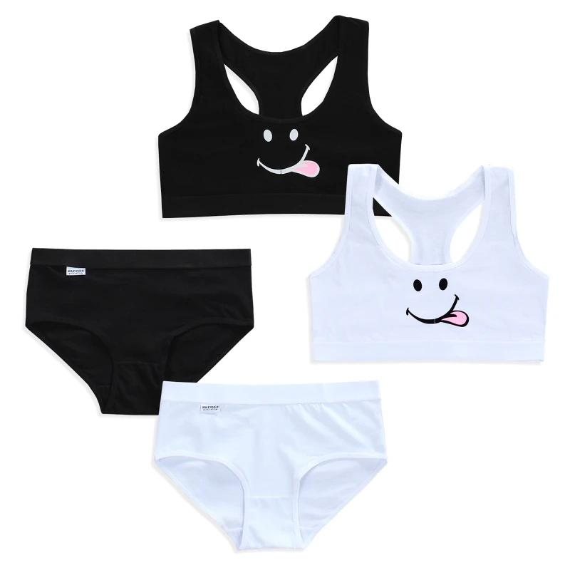 

Teens Girls 2Pcs Underwear Set Cute Smile Face Print Racerback Bra with Panties