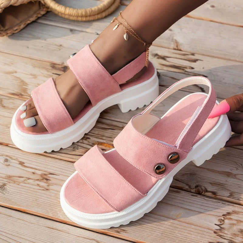 

Rimocy Fashion Flock Platform Sandals for Women Open Toe Rivet Med Heels Sandalias Mujer 2022 Summer New Outdoor Walking Shoes