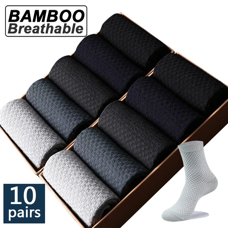 10 Pairs/Lot Men's Bamboo Fiber Socks 2022 New Compression Autumn Long Black Business Casual Man Dress Sock Gift Plus Size 42-45