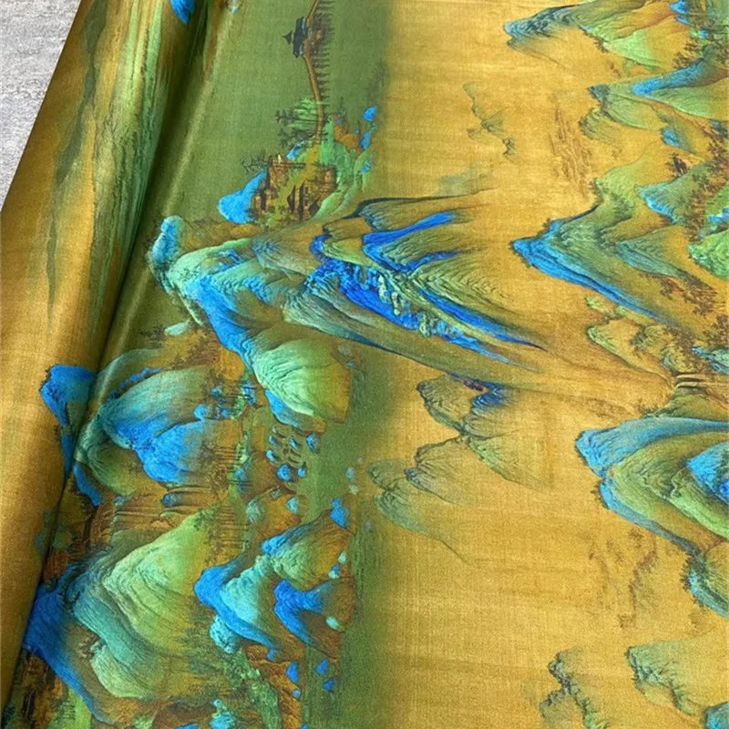 Primavera ed estate nuova mappa Qianli Jiangshan stampa Twill tessuto di seta Stretch camicia elegante alta moda abbigliamento tessuto cucito