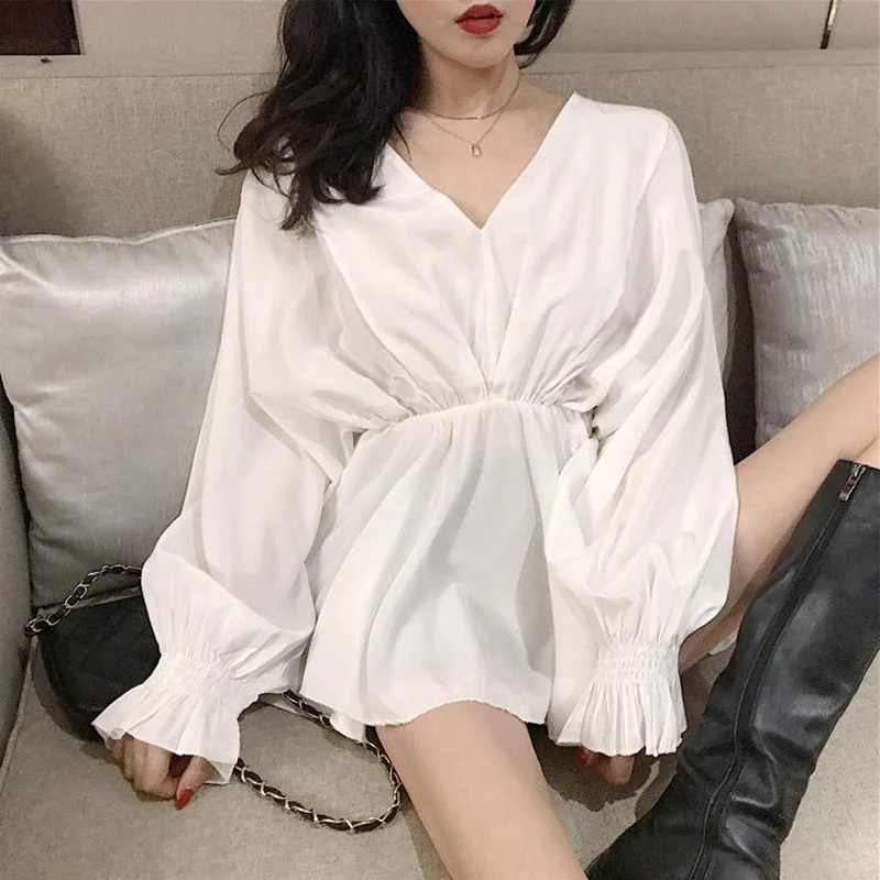 Spring Summer New Korean V Neck Bat Sleeve Waist Shirt Long Sleeve Loose Thin Ruffle Tops Tees Fashion Elegant Women Clothes