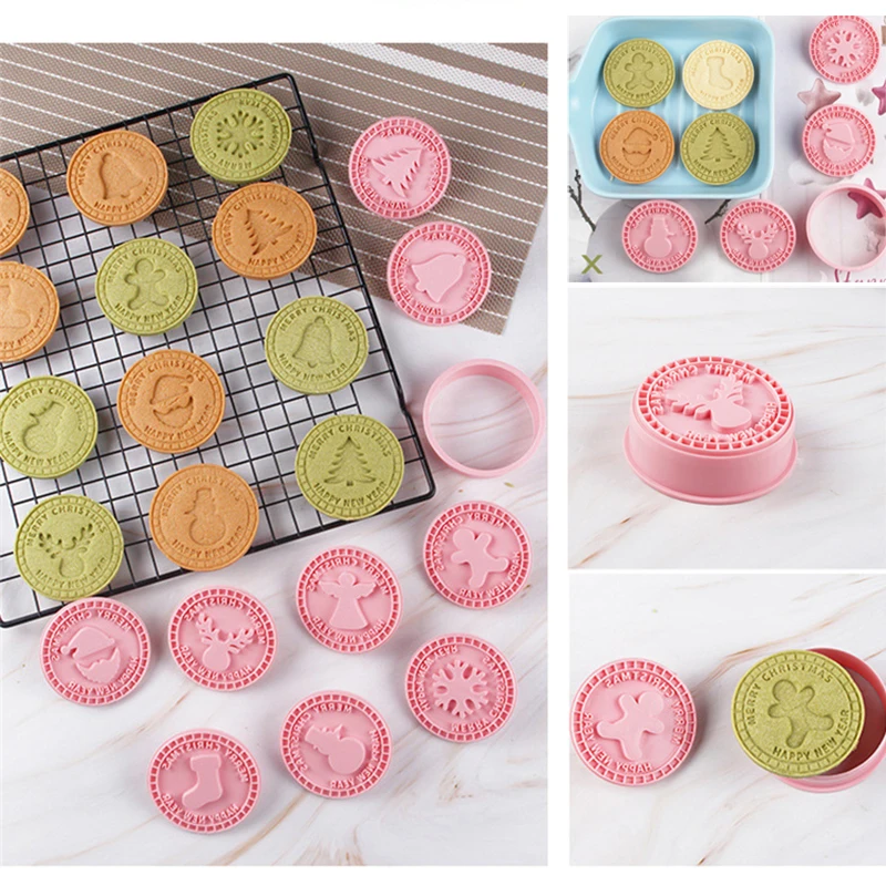 9Pcs/set Merry Christmas Round Jam Sauce Cookie Cutters 3D Press Chocolate Sandwich Biscuit Making Mould Fondant Embosser Stamps |