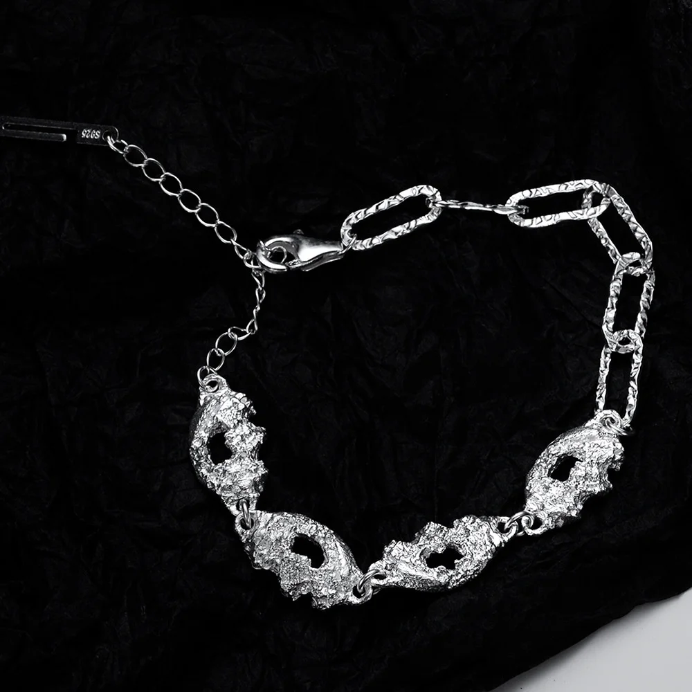 

brand genuine Luxury real jewels S2046 Korean minimalist design Handmade contoured hollowed out broken texture bracelet Silver v