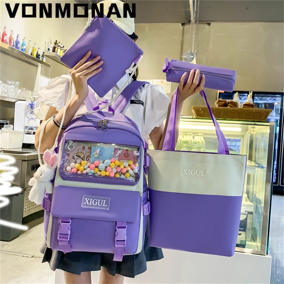 

Kawaii 4 Pcs/Set Women's School Backpack Cute Bag for Girls Harajuku Style Female Teenager Laptop Large Rucksack Ladies Bookbags