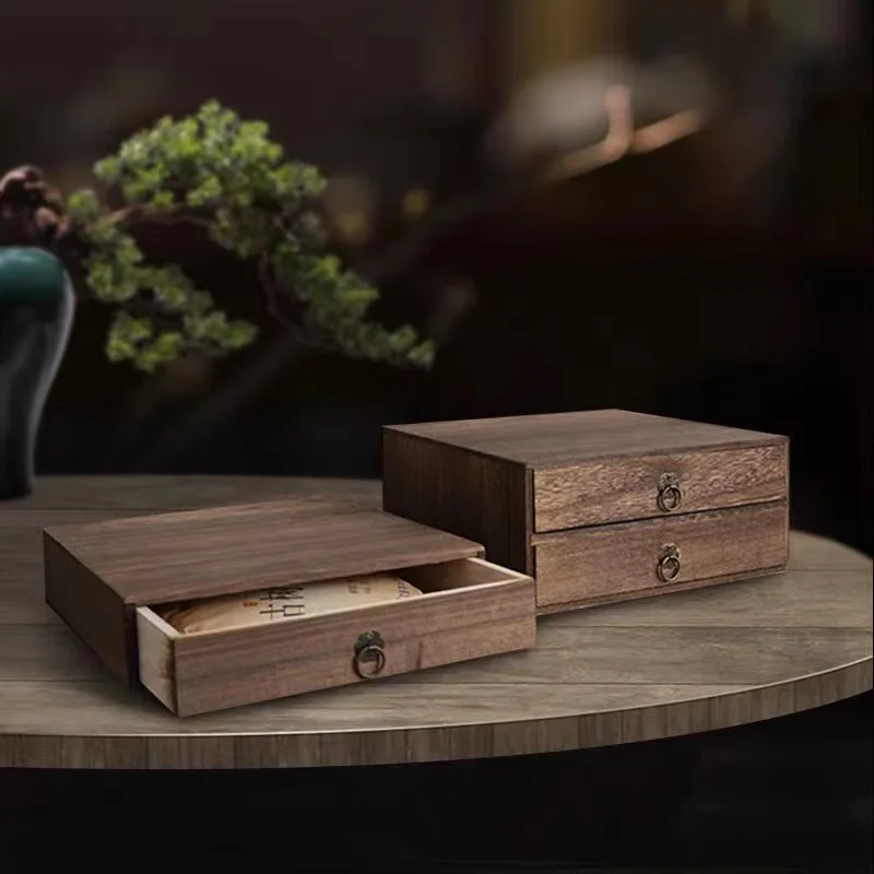 

Vintage Wood Desktop Organizing Box Multi-Layer Drawer Type Jewelry Storage Case Dustproof Document Box with Handle Storage Box