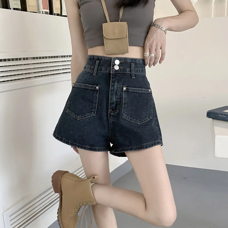 Heard Future 2023 Spring Summer Shorts Women High Waisted Blue Gray Straight Wide Pants Denim Short Korean Version Loose Commute
