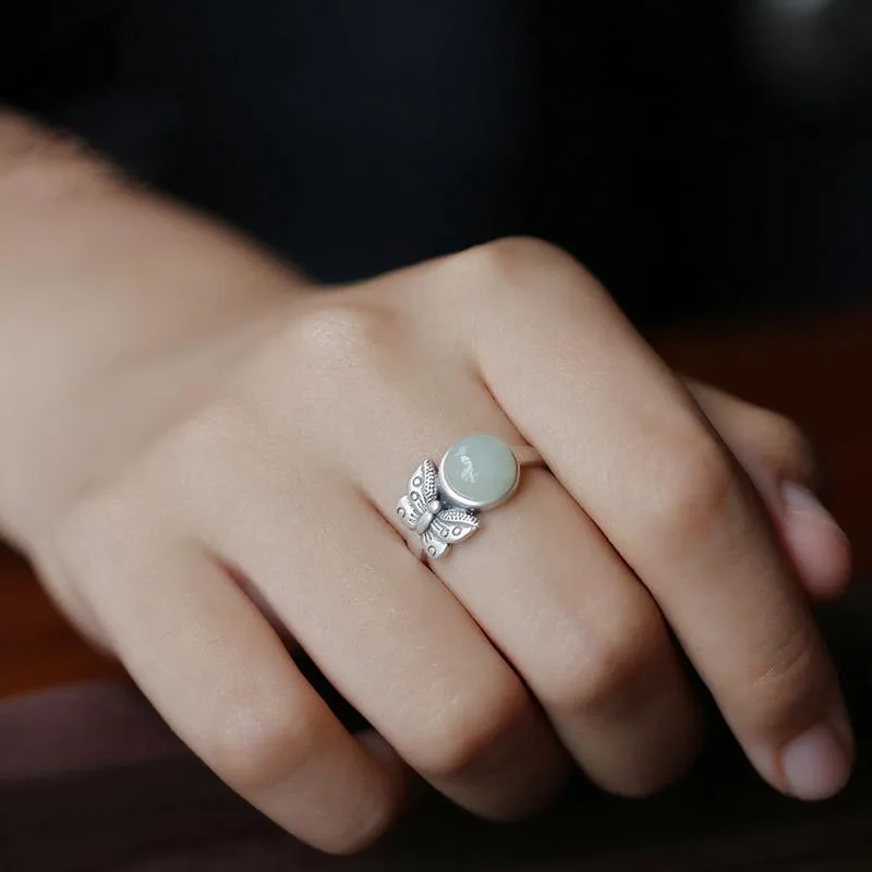 

S925 Silver Women's White Jade Simple Opening Artistic Fashion Vintage Distressed Thai Silver Butterfly Ring