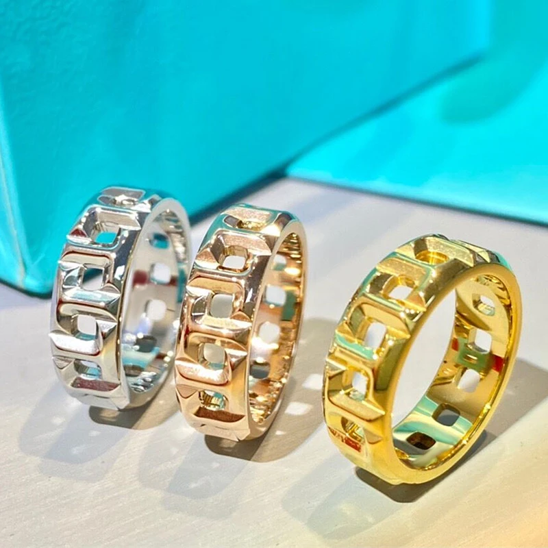 

High-quality 925 sterling silver geometric square hollow ring simple fashion brand advanced design jewelry lovers gift