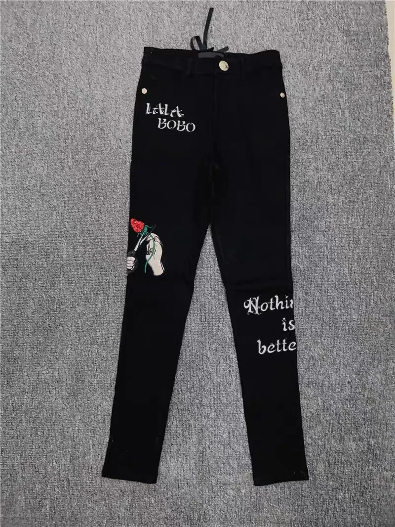 

New Foreign Trade Women's Jeans Black Embroidery Printing Slim Fit Belt Pencil Feet Pants