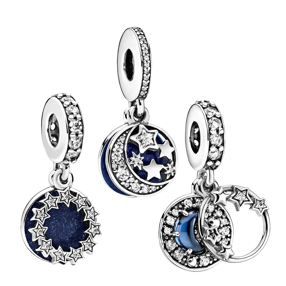 

New 100% 925 Sterling Silver Blue Starry Sky Diamond Sparkling Pendant Fit For Ladies Original Pandora Bracelet DIY Jewelry Gift