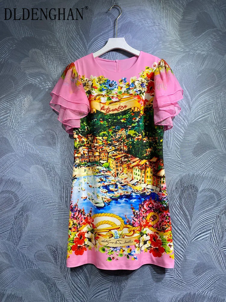 

Платье DLDENGHAN женское с круглым вырезом, модельное винтажное мини-платье с рукавом-бабочкой, кристаллами, бисером, цветочным принтом, весна-лето