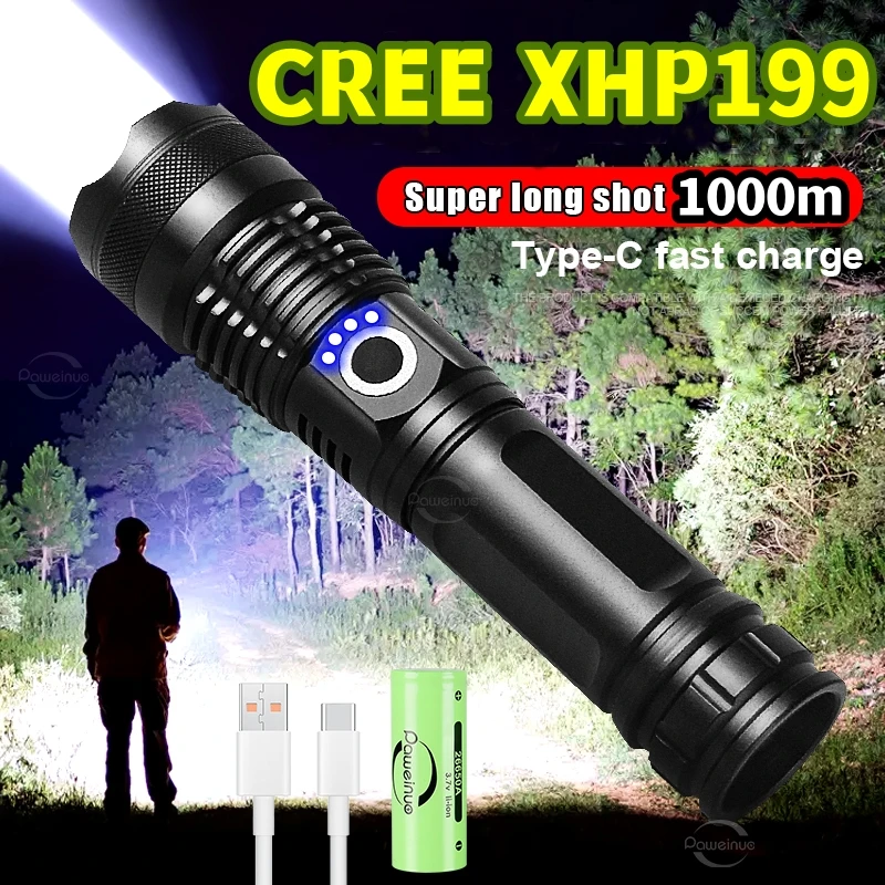 

2023 XHP199 Upgrade Powerful Flashlight Rechargeable LED Lantern High Power LED Flashlight Long Shot Torch Tactical Camping Lamp