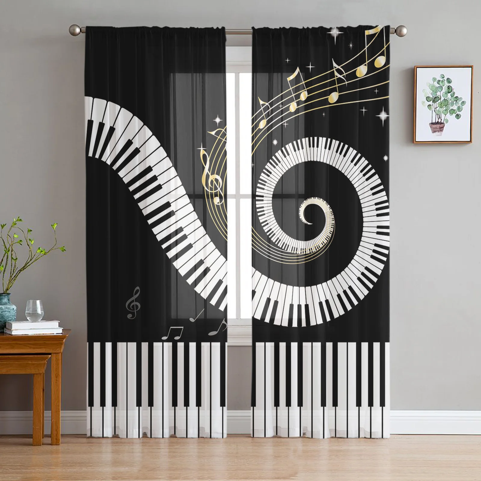 

Black White Piano Keys Tabs Swirl Modern Tulle Curtains For Living Room Sheer Curtain Bedroom Voile Decorative Window Treatments