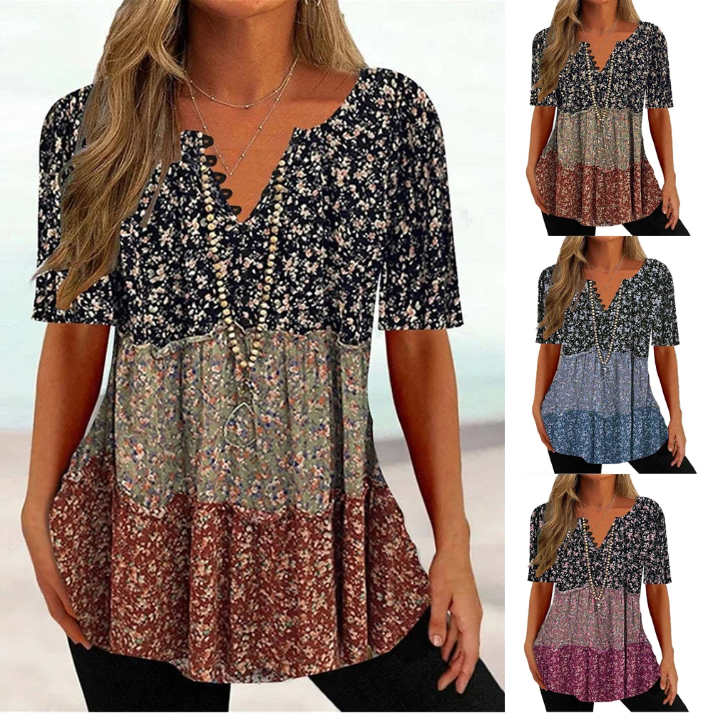 

Casual Summer Floral V Neck Shirt Sleeveless Blouses For Women Fashion Elegant Loose Tank Tops For Women Solid Pullover Tunic