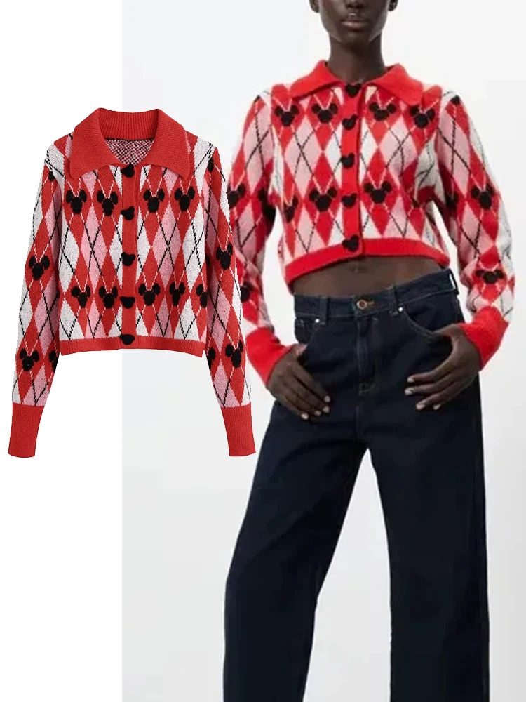 

TRAF Women Knitted Cardigan Sweater Fashion Sweet Flower Sweater Cardigan Vintage Single Breasted Long Sleeves Female Tops