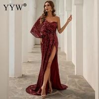 womens one sleeves sequin split prom gown sexy tube top evening party dress big hem design maxi dresses long banquet vestidos