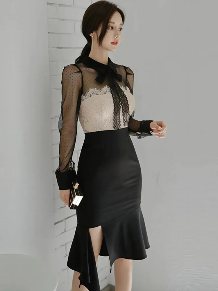 Элегантное вечернее платье с бантом на шее черное Сетчатое Кружевное облегающее