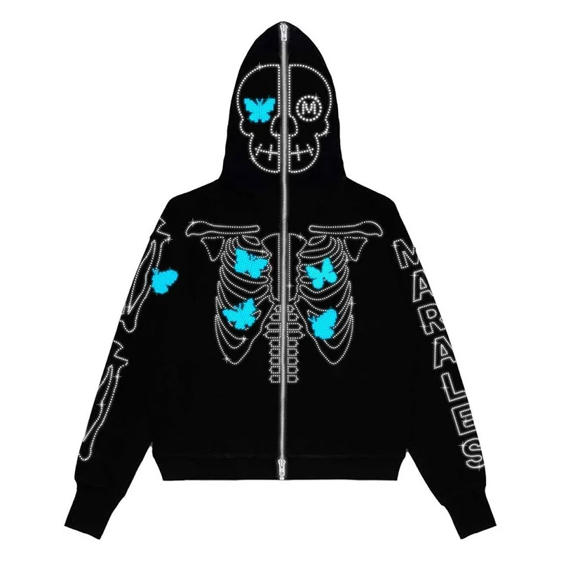 

Full Zip Hoodie For Women Men Y2K Sweatshirt Matching Couple Goth Rhinestones Butterfly Skeleton Print Oversized Sudaderas 2022
