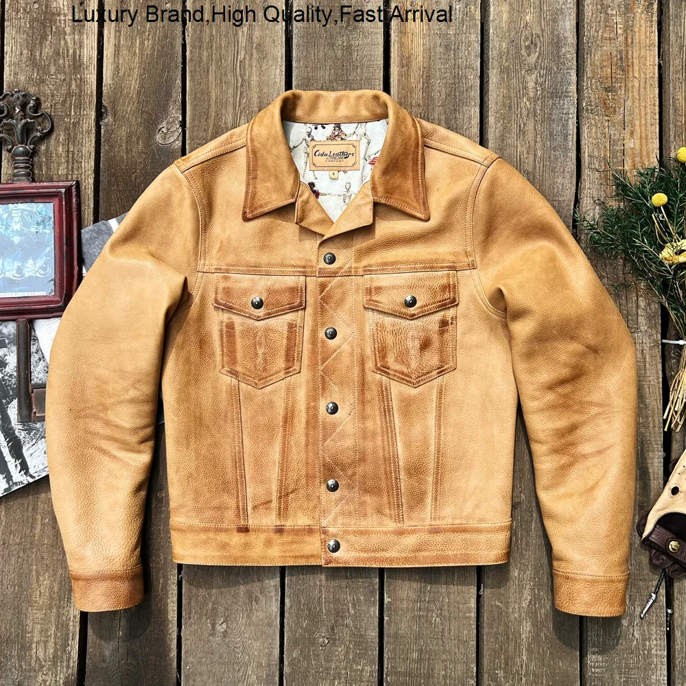 

color Brush do old without restoring ancient ways with cowhide 507 denim jacket troupe, men's cow leather coat