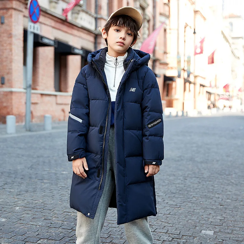 New Teen Boys Clothing Winter Fashion Hooded Down Jacket Thickened Warm Mid-length Coats Children's Clothes Cotton Tops 4-12 Yrs