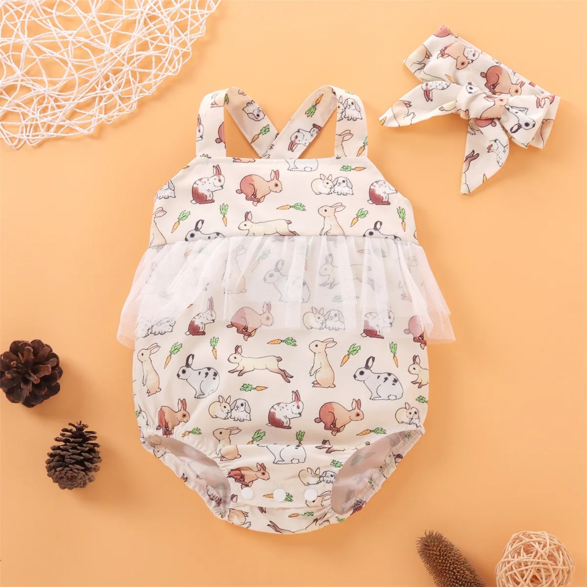 

New Newborn Girl Baby Romper Cute Bunny Animal Print Sling Infant Lace Casual Suspender Triangle Romper +kerchief