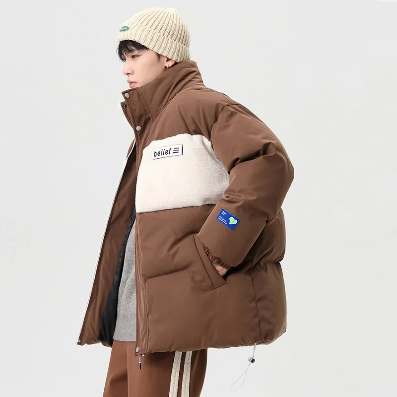 Mens Fashion Thickened Stand Collar Color Contrast Warm Winter Coat  Loose Casual Coats Outdoor High Collar Sports jackets